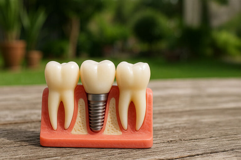 Implant model on a wooden deck outside, nature in the background, blurred