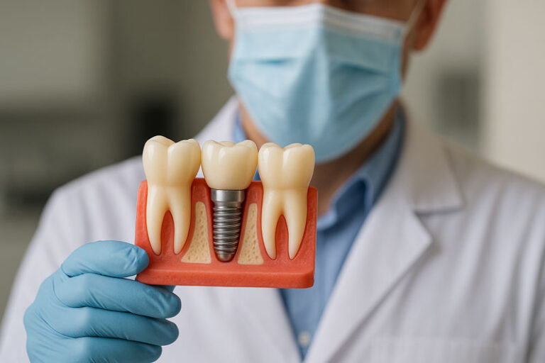 Male dentist holding a model of a dental implant, has a mask on, dental office