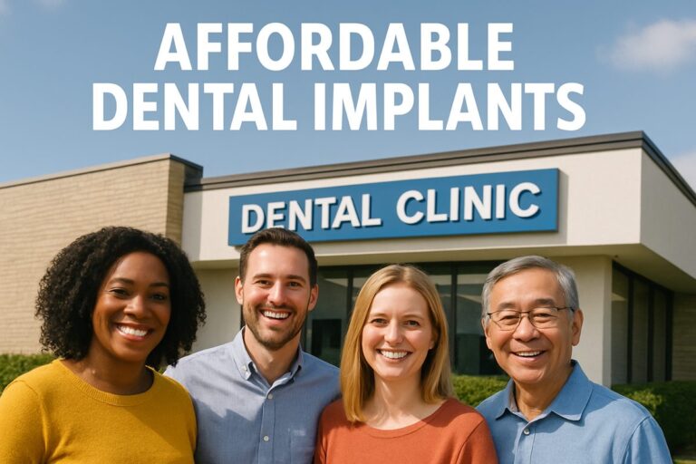 A diverse group of smiling people standing outside of an affordable dental clinic, with the words "Affordable Dental Implants" in the sky.