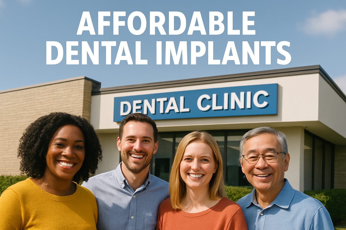 A diverse group of smiling people standing outside of an affordable dental clinic, with the words "Affordable Dental Implants" in the sky.