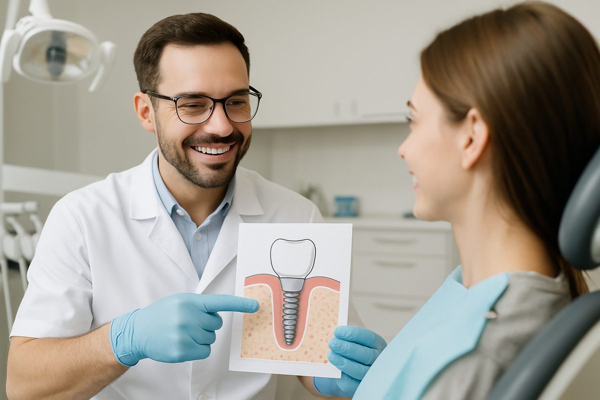 Image of a dentist smiling at a patient, pointing to a diagram of a dental implant. No text on the image.