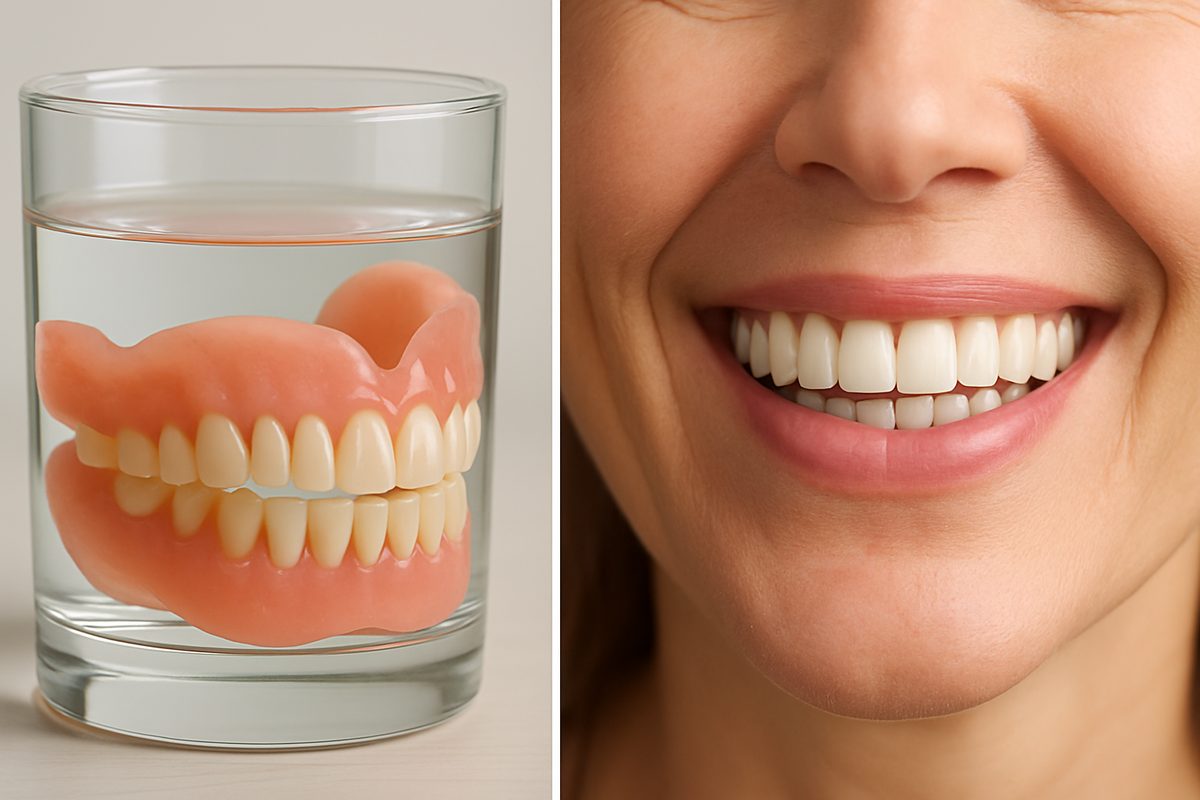 A close-up image comparing a traditional denture resting in a glass of water, with a dental implant that is seamlessly integrated into a patient's smile, illustrating the superior aesthetics and functionality of implants. No text on image.