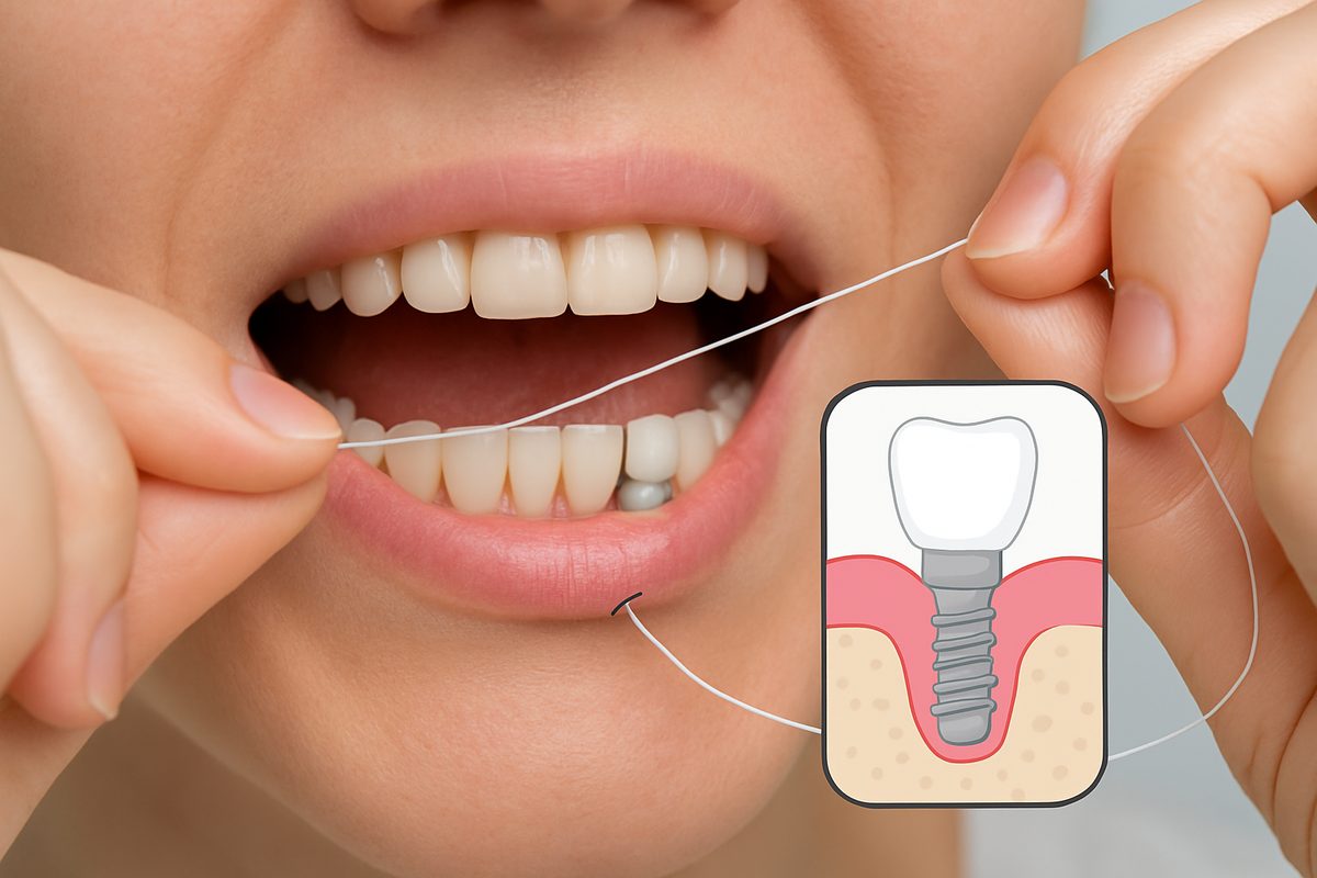 Photo of a person flossing a dental implant with floss, with an illustration showing the location of the implant under the gum. No text on the image.