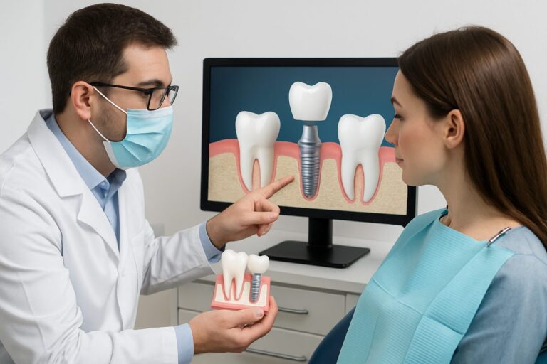 A dentist is explaining the steps for dental implants to a patient, using a digital model to illustrate the process. No text on the image.