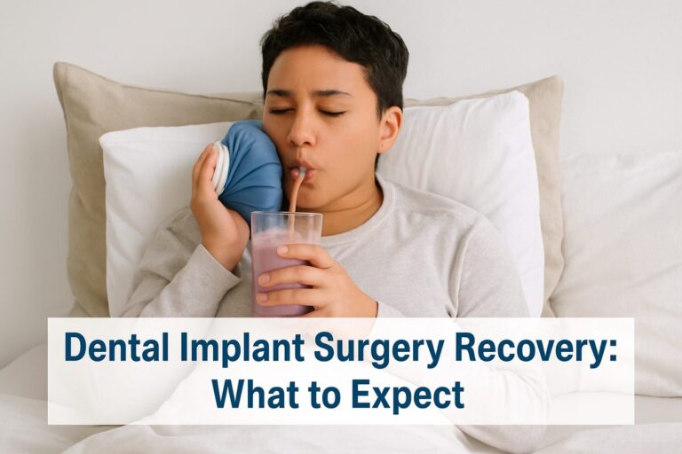 A person is resting in bed, with an ice pack on their cheek. The person is propped up by pillows, drinking a smoothie. The text on the image says "Dental Implant Surgery Recovery: What to Expect"