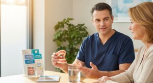 Dentist explaining denture care to a patient in a modern dental office
