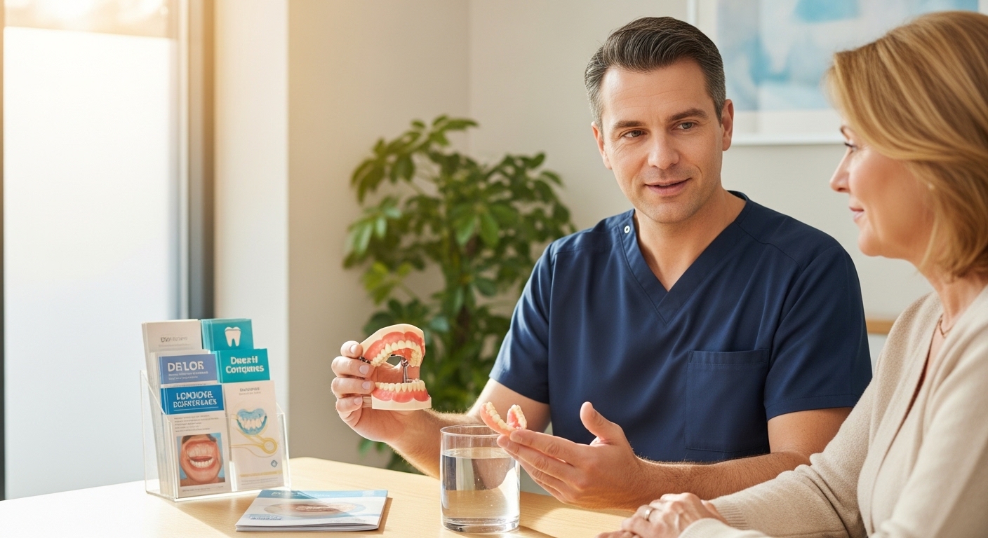 Dentist explaining denture care to a patient in a modern dental office