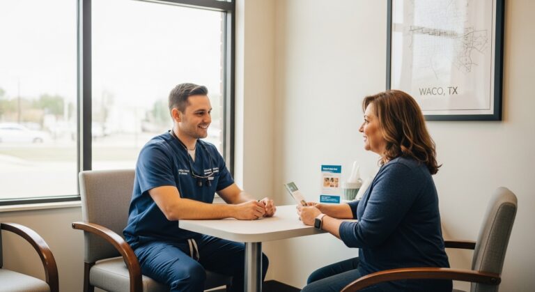 Dentist consulting with a patient in a modern Waco, TX dental office