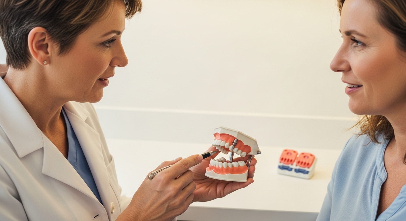 Dentist advising patient on overnight partial denture storage in a dental office