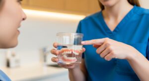 Dentist explaining denture care in a modern office