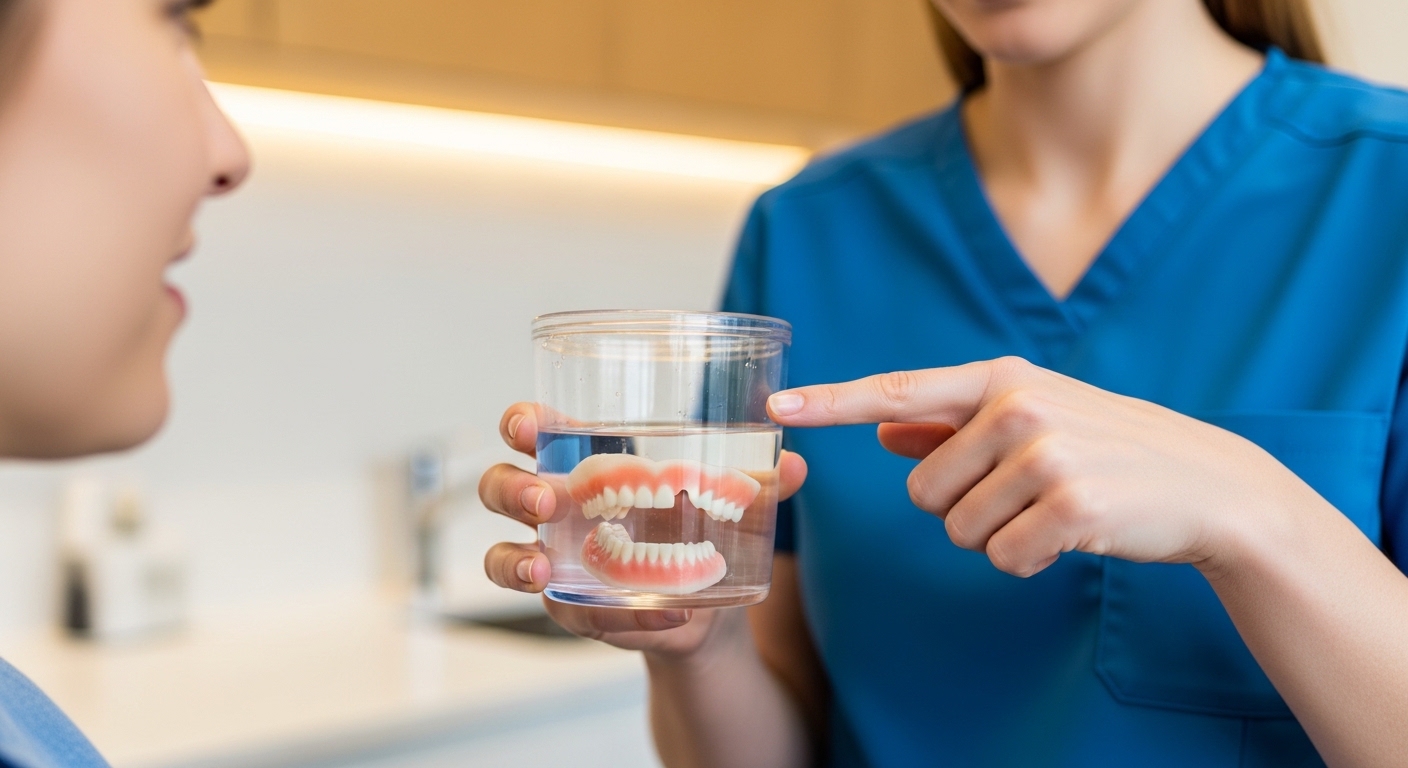 Dentist explaining denture care in a modern office