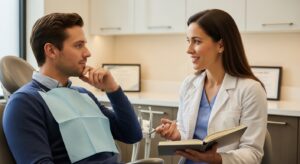 Dentist consulting a patient about keto breath causes and solutions