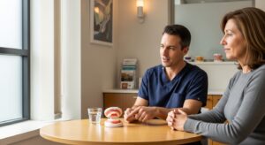 Dentist explaining denture care to a patient in a modern dental office