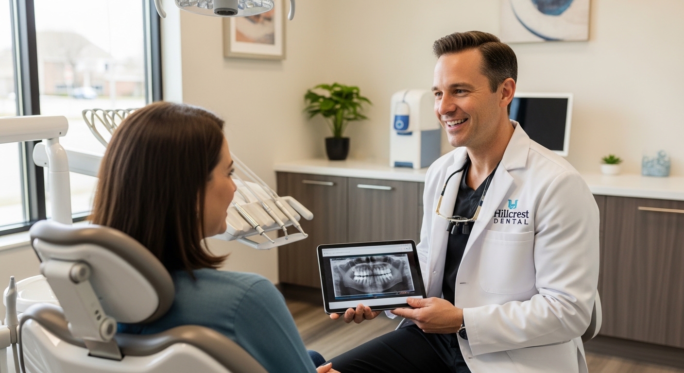 A dental consultation with a patient in a modern dental office setting