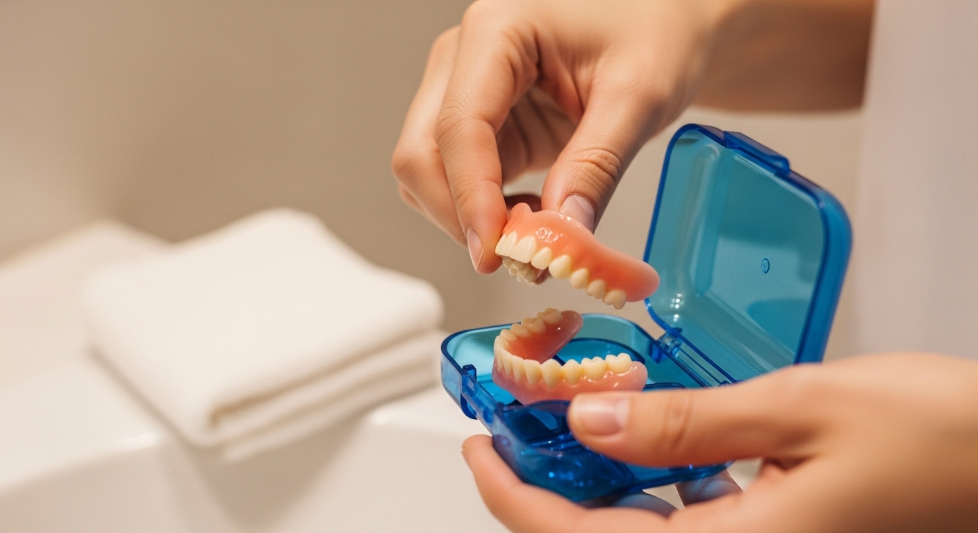 Dentures being stored in a clean, hygienic container for overnight care